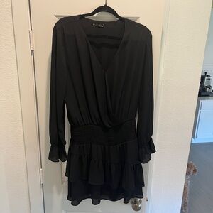 Krisa Black Long Sleeve Mini Dress Smocked Waist Ruffle Hem Size Large